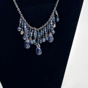 1928 Blue Crystal Bib Necklace Gothic Glam Statement Gunmetal Chain Adjustable
